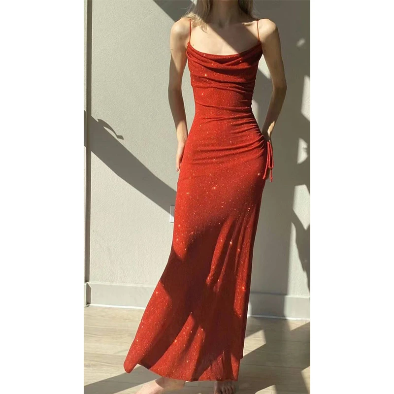 GJFDGoodJob§人鱼轻奢亮丝礼服成人礼优雅荡领连衣裙斜裁吊带裙