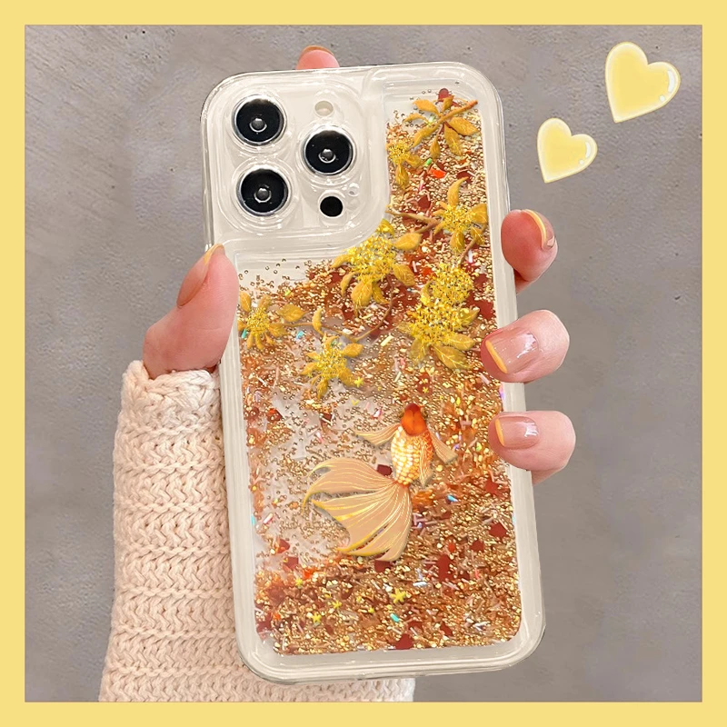 金色锦鲤流沙壳适用苹果15华为vivo女oppo小米iPhone16pro手机壳