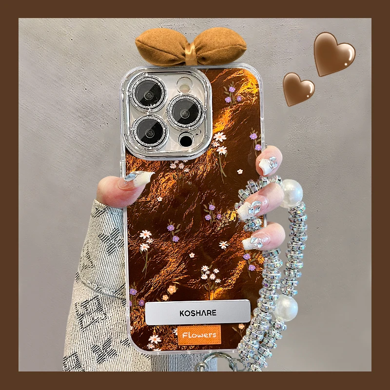 碎花蝴蝶结适用苹果16promax女vivo华为oppo小米冰川纹支架手机壳