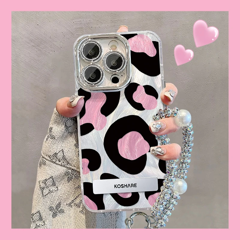 适用苹果vivo华为oppo小米iPhone14粉色豹纹精孔羽纱支架手机壳