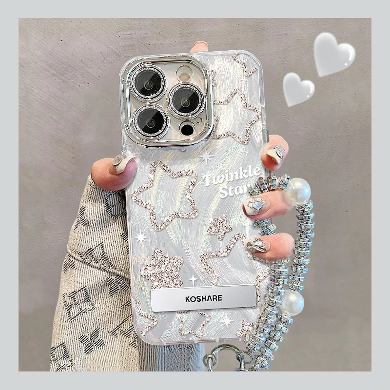 适用苹果vivo华为oppo小米iPhone14闪粉星星精孔羽纱支架手机壳