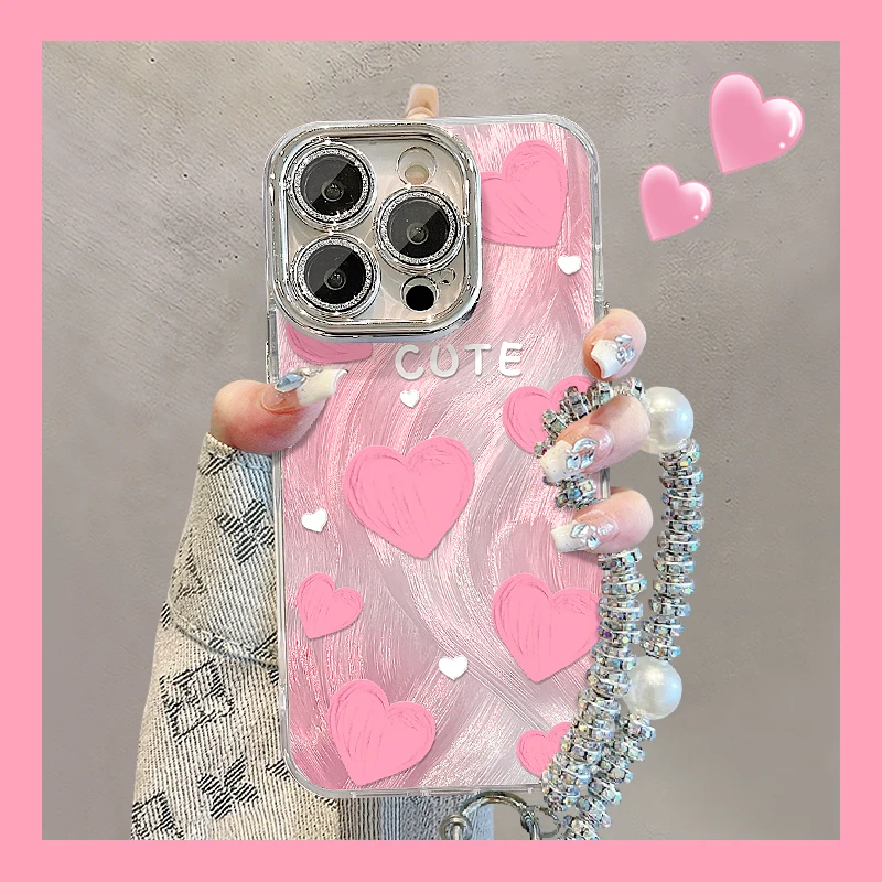 粉色油画爱心适用苹果vivo华为oppo小米iPhone16精孔羽纱纹手机壳