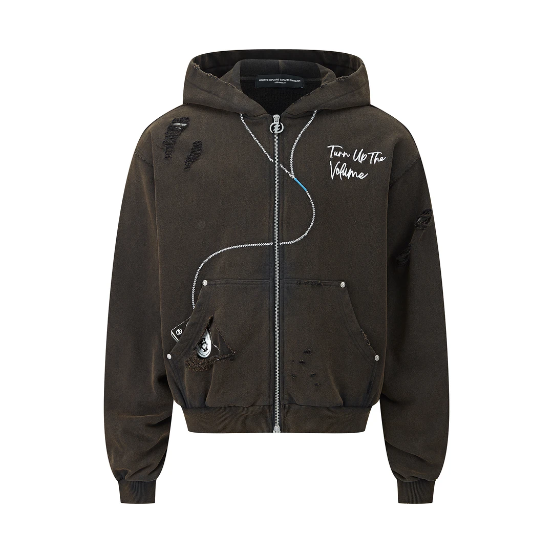 CEEC 耳机刺绣破坏印花拉链帽衫