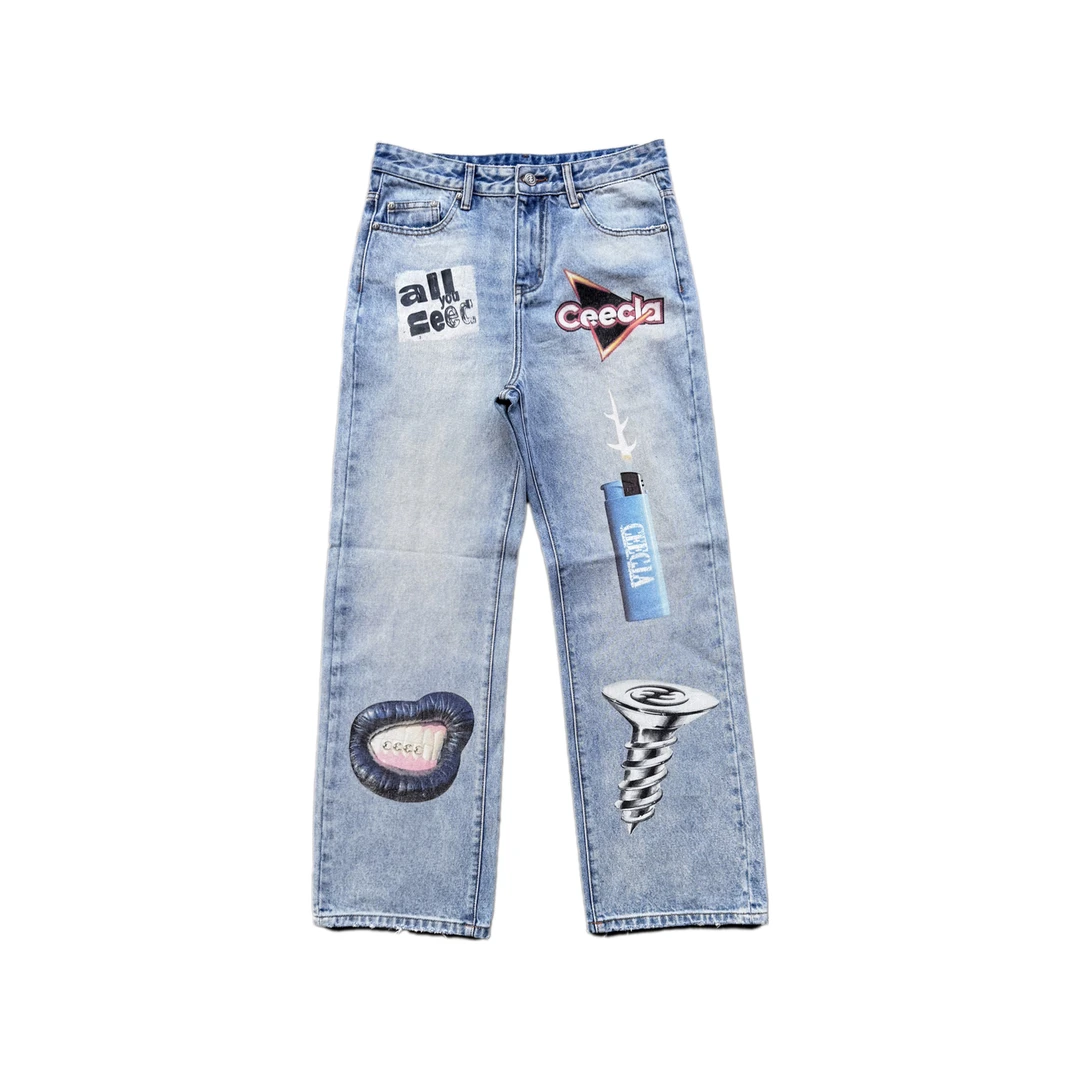 ceec laCEEC 24FW 恶搞元素手工印花牛仔长裤