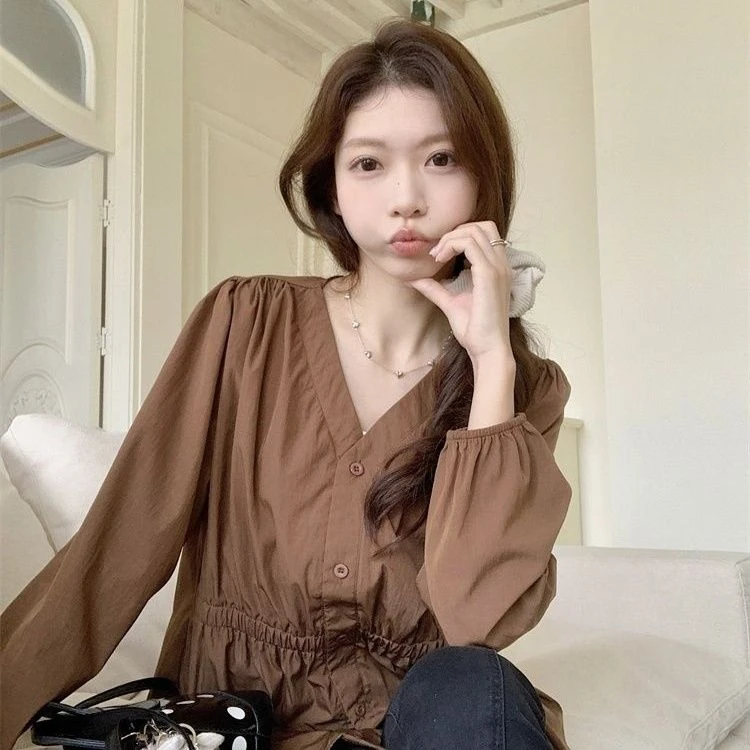 收腰女装长袖秋季衬衫新款显瘦洋气mm遮肉减龄大码上衣衬衣