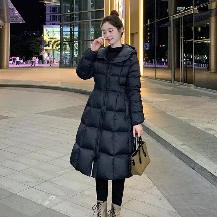 【浅浅专属】黑色棉服女中长款2024冬季新款加厚连帽收腰修身显瘦