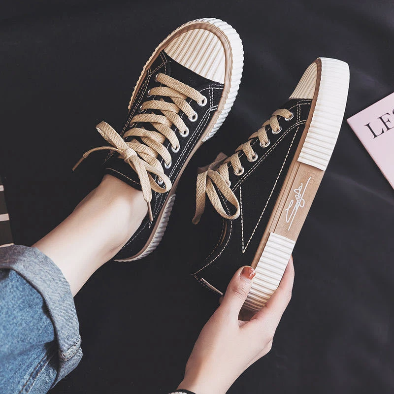 低帮饼干鞋男春秋潮鞋新款韩版黑色百搭透气情侣平底爆薄款帆布鞋
