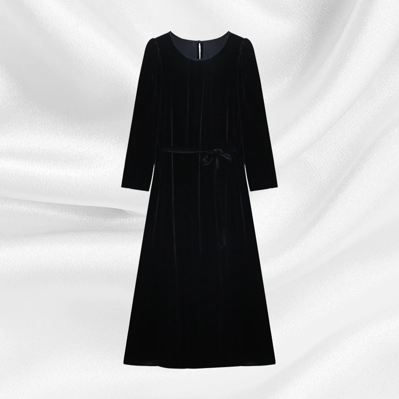 秋凝丝绸桑蚕丝香云纱国风复古中式气质丝绒连衣裙W23207