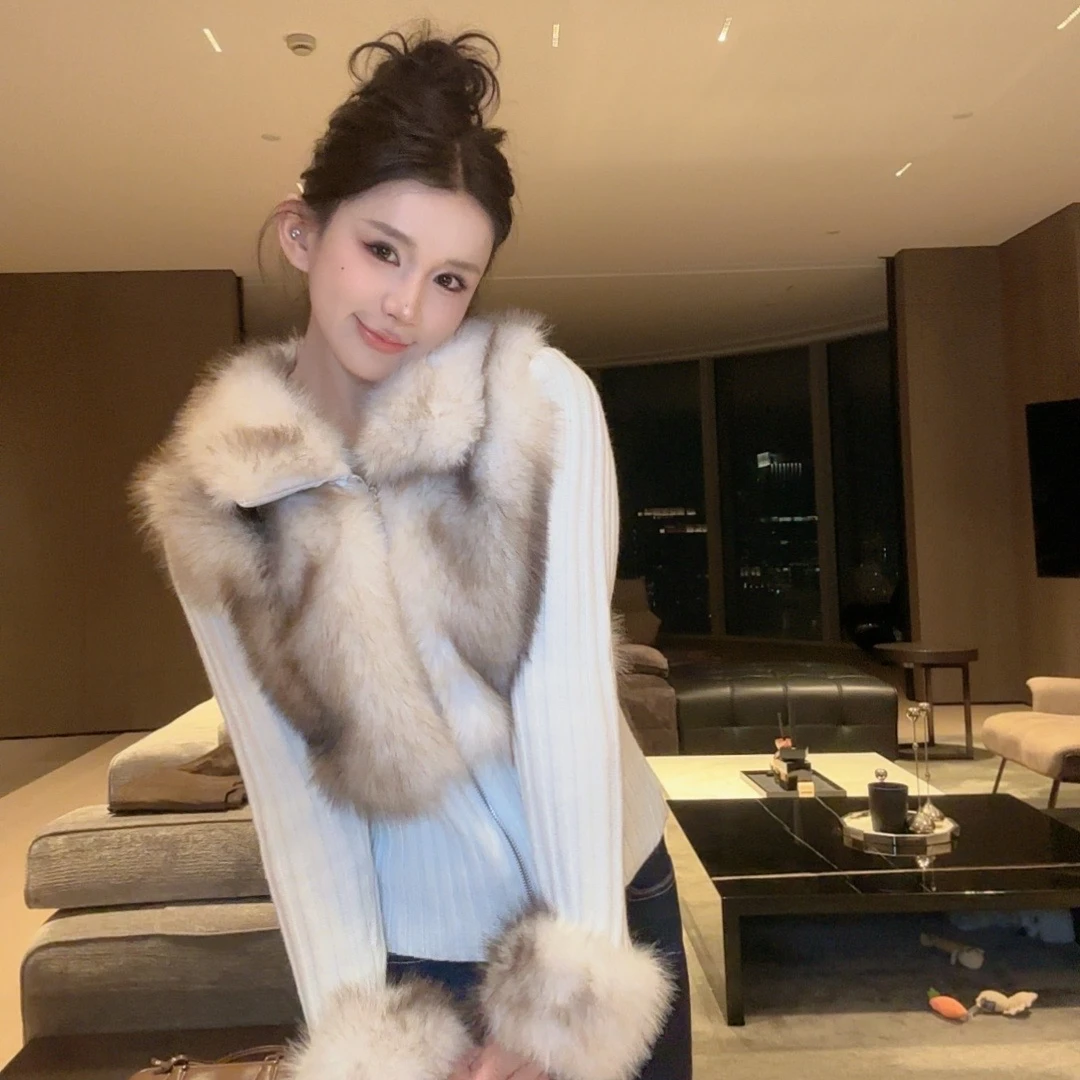 Hello DD新款韩版时尚巨滑仿皮草翻领毛毛拼接针织衫马甲开衫