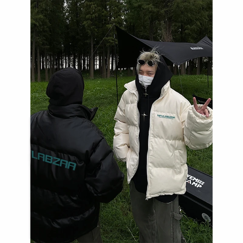 jtrt潮牌冬季简约字母印花加厚款立领棉衣面包服男女宽松棉服外套