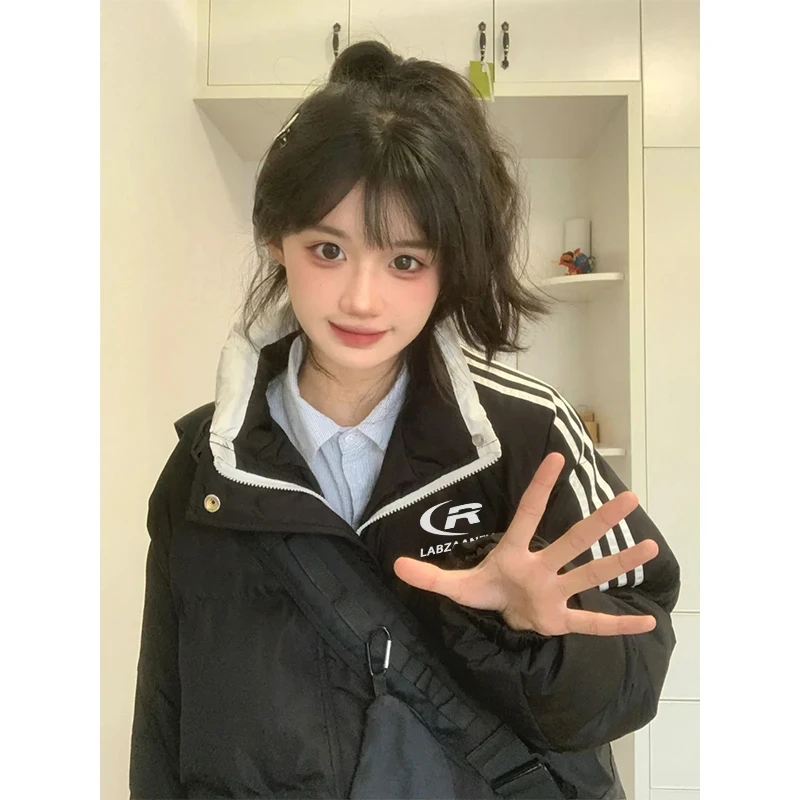 jtrt潮牌三条杠黑色加厚立领棉服男女冬季宽松高级感情侣棉衣棉袄