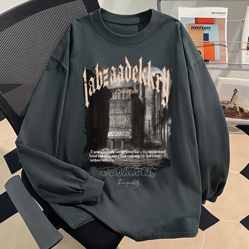 jtrt潮牌美式圆领长袖高街复古男生痞帅潮流重磅纯棉大码宽松上衣