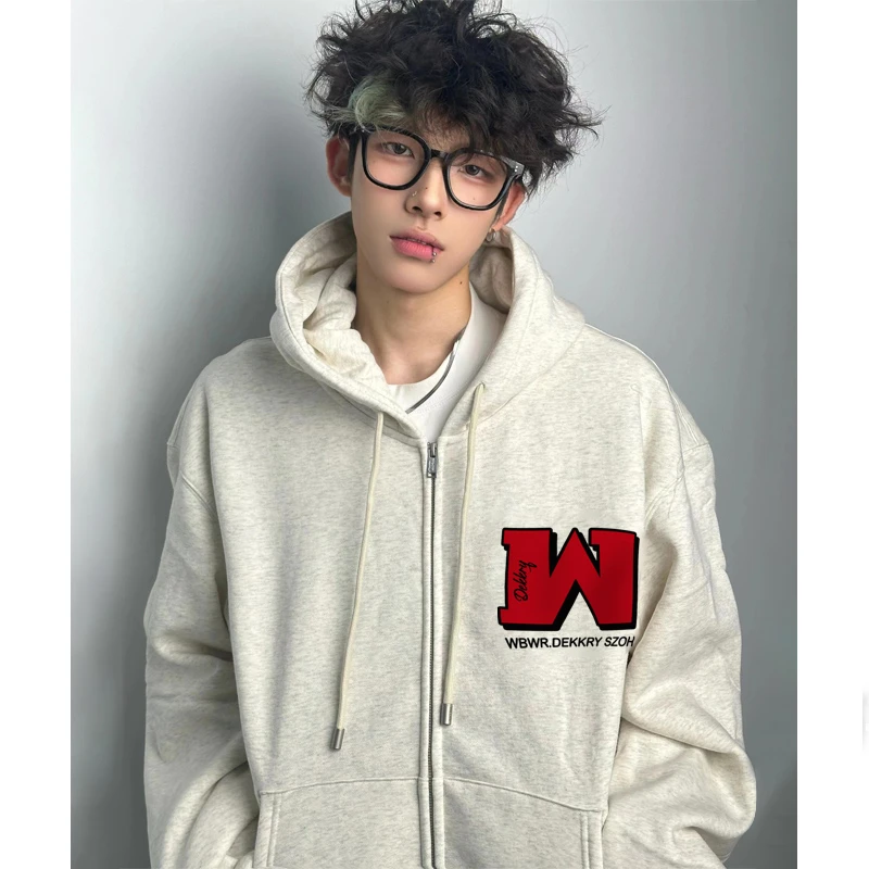 jtrt潮牌休闲字母印花开衫连帽卫衣男女秋季简约百搭情侣拉链外套