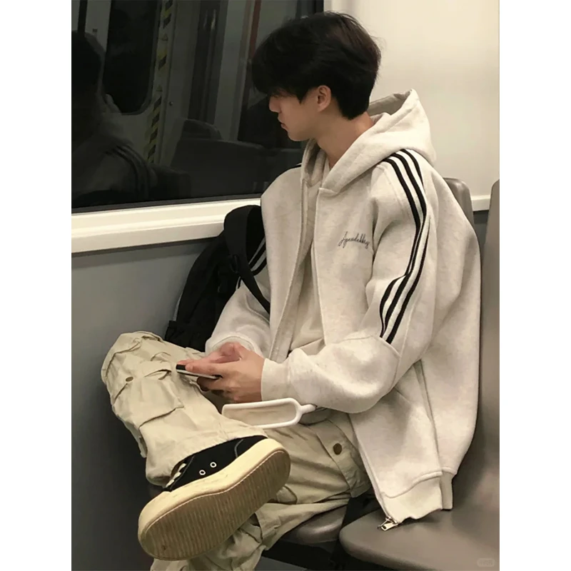 jtrt潮牌个性字母印花连帽三条杠开衫卫衣男女秋冬季宽松拉链外套