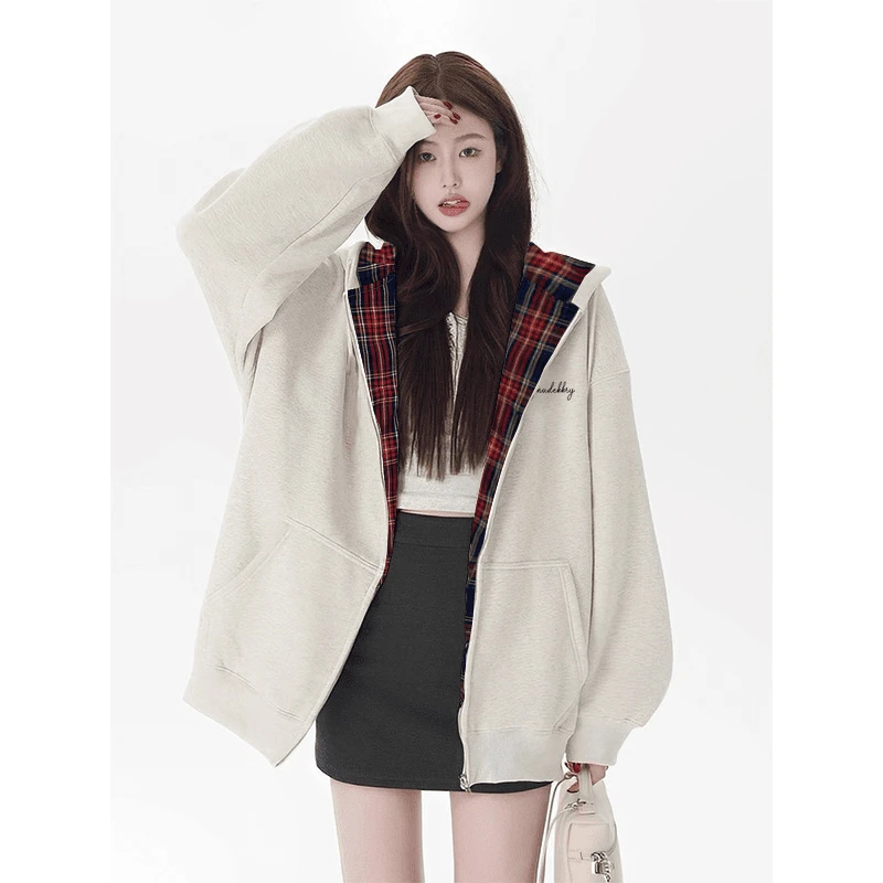 jtrt国潮美式复古格子宽松连帽开衫卫衣拼接秋冬季潮牌情侣装外套
