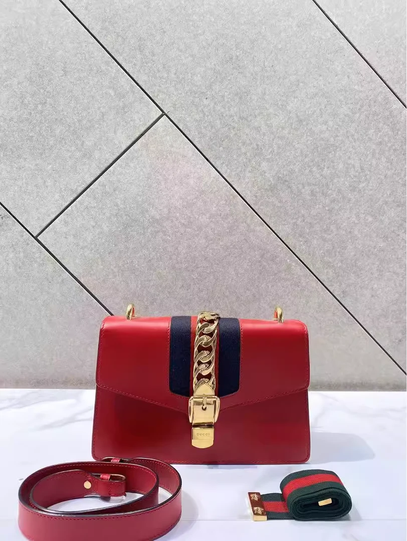 95新 GUCCI/古驰 帝爵鹏哥直播专享/红色sylvie丝带包