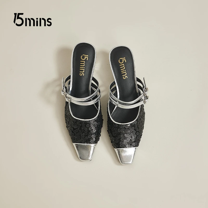 15mins包头凉拖夏季法式亮片爆闪一脚蹬百搭气质配裙子凉鞋