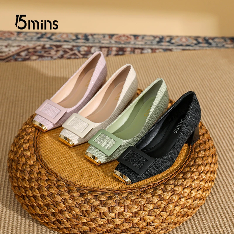 15mins方扣法式单鞋2024年新款方头粗跟工作鞋高跟鞋舒适软底女鞋