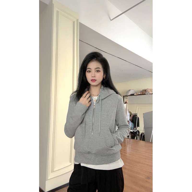 【苏苏家】小个子定制版早秋新款短款宽松套头带帽拉链卫衣外套女