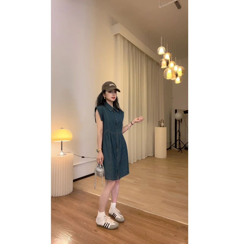 【苏苏家】专为小个子定制夏季薄款复古蓝小众裙子小飞袖牛仔连衣裙