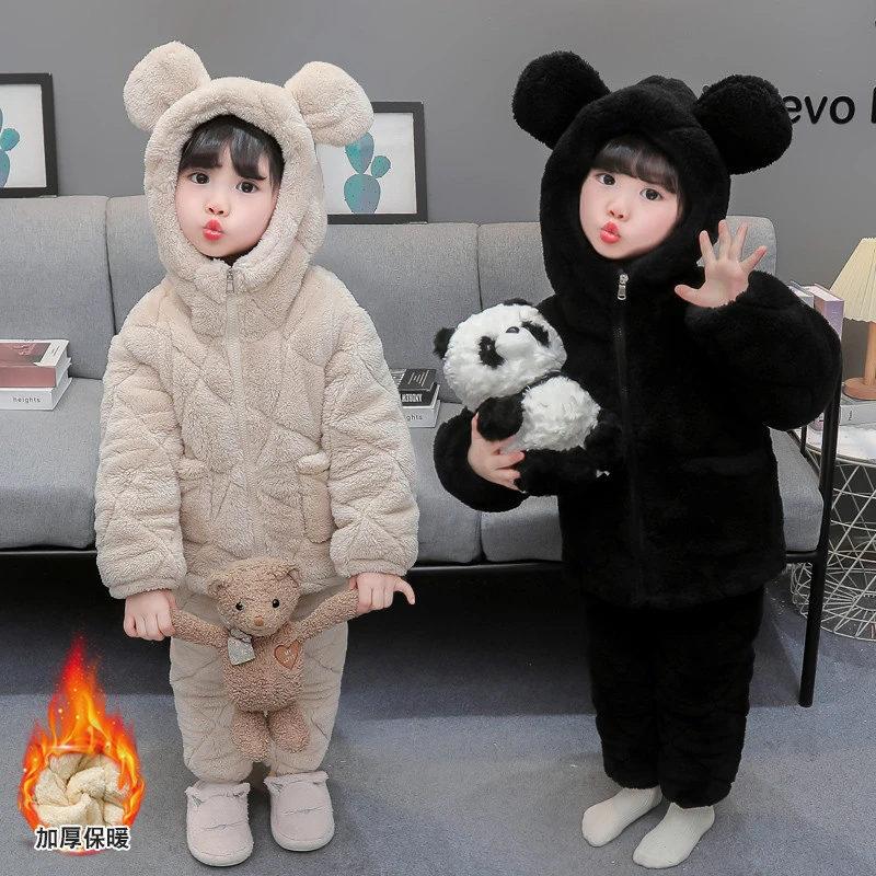 儿童睡衣冬季三层夹棉加厚法兰绒保暖套装男女中小童珊瑚绒家居服