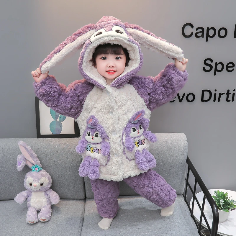 女童夹棉睡衣冬季加厚款三层中长款卡通中小童女孩儿童家居服套装