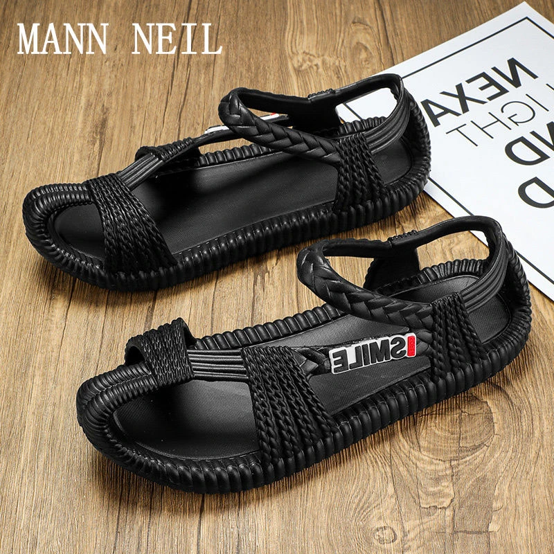凉鞋男士夏季外穿沙滩鞋男款手工仿编织草鞋镂空凉拖鞋耐磨个性