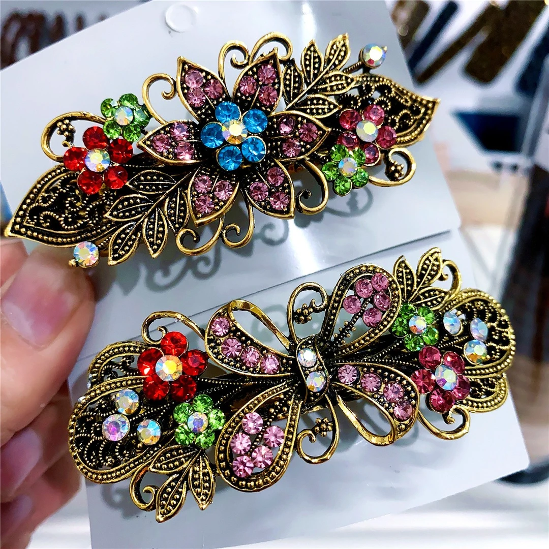 合金合成锆石发饰 韩版成人复古马尾夹发卡饰品妈妈百搭一字夹