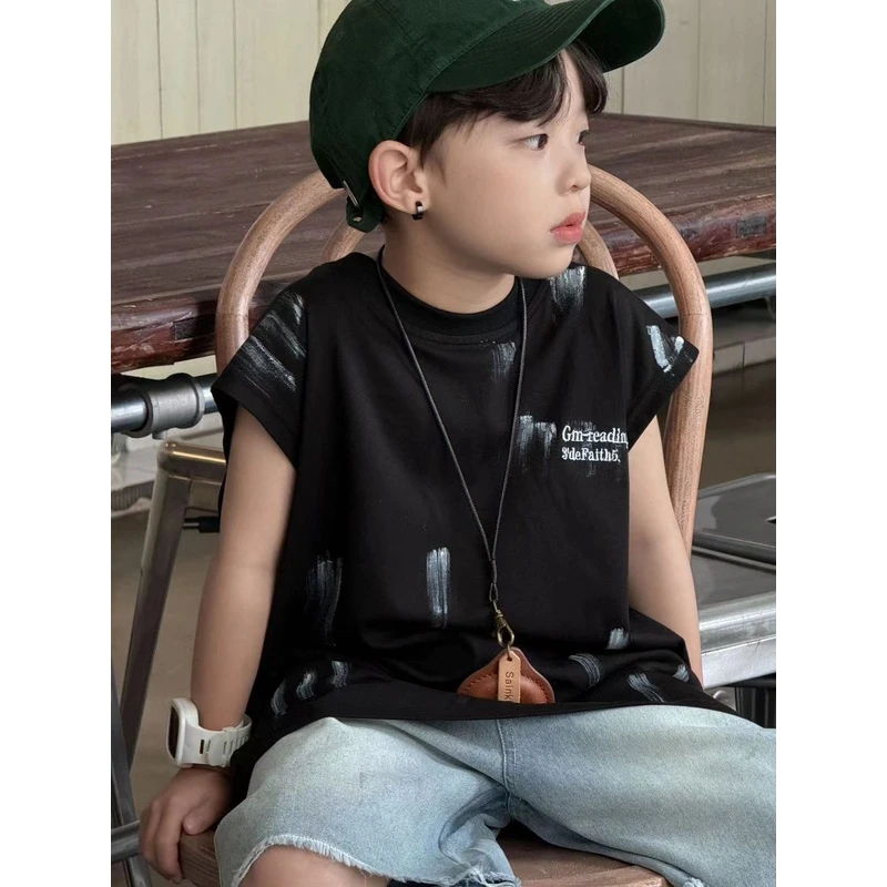 【泼墨背心】时尚儿童夏装无袖日系印花T恤夏季宽松韩版复古做旧