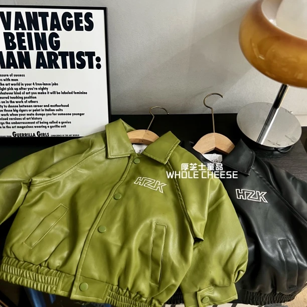 【美式德芙】秋款童装皮衣外套复古做旧夹克时尚大童百搭洋气立领