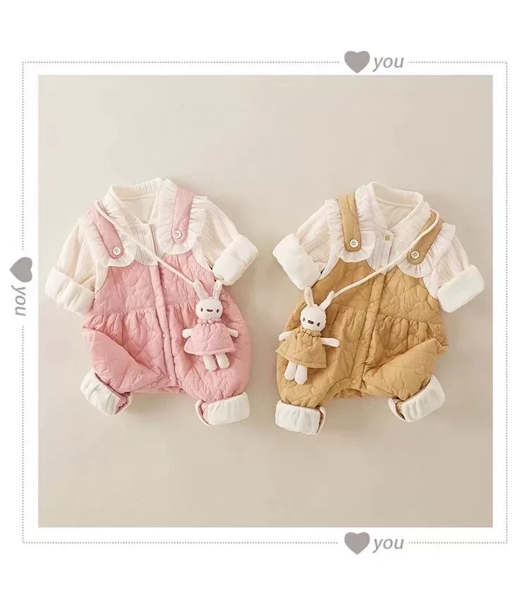 婴儿秋冬加绒连体衣兔子假两件满月可爱宝宝保暖外出服+兔子挂件