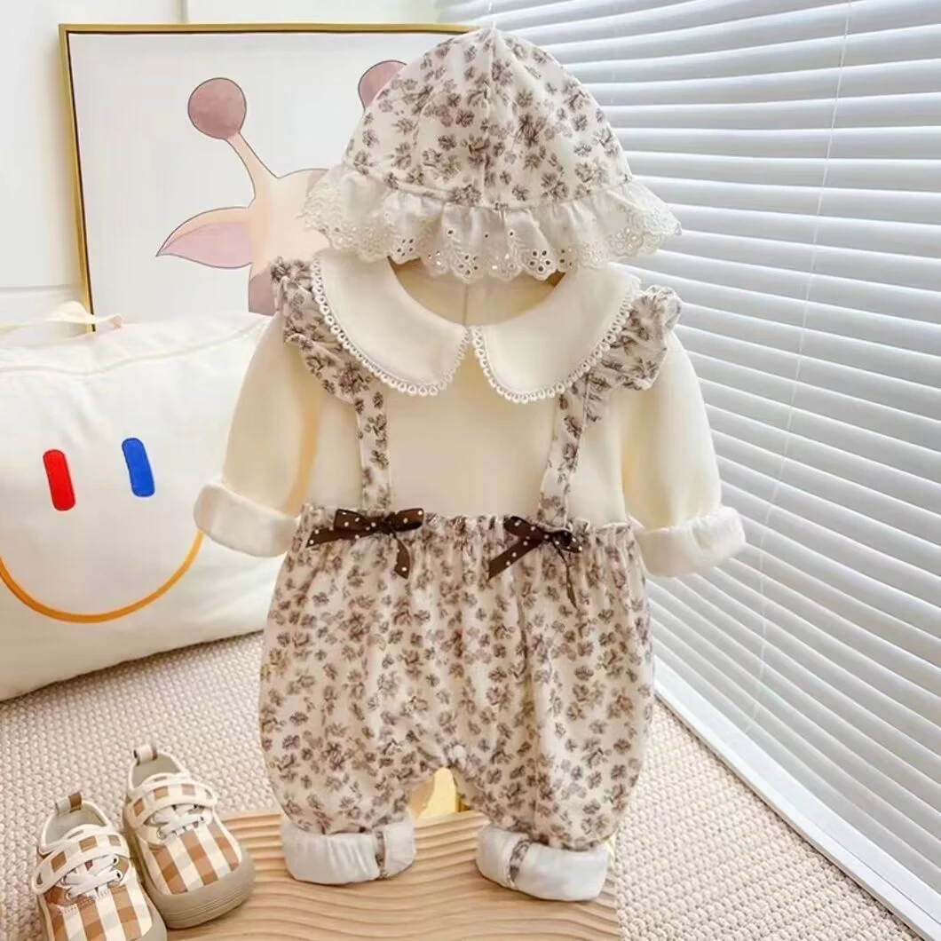 田园碎花婴儿衣服百天新生儿连体衣满月宝宝长袖爬服春秋+帽子