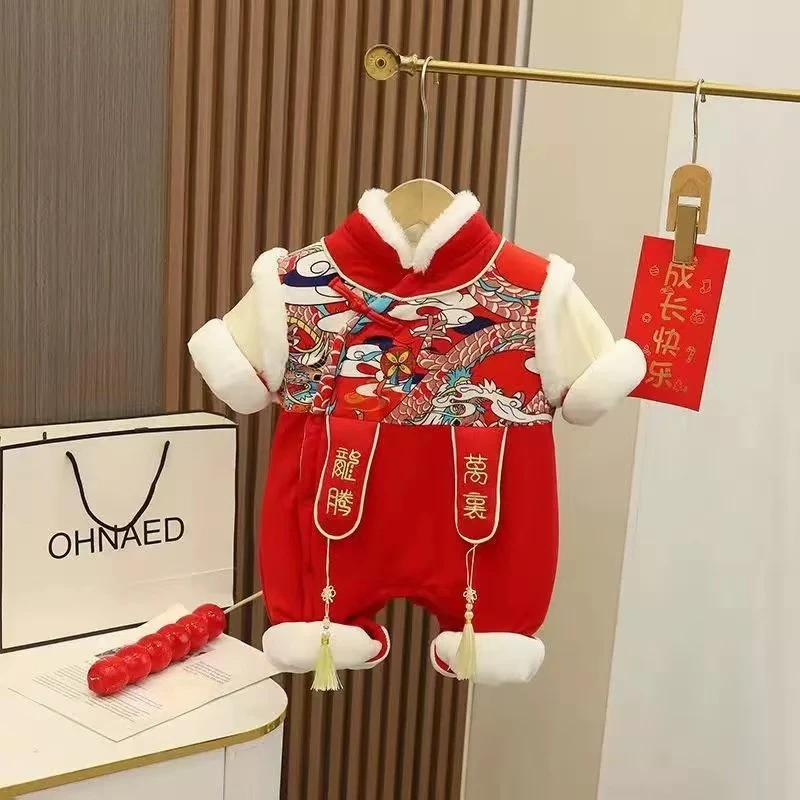 婴儿冬季加棉加厚连体衣服宝宝百天超萌洋气红色喜庆拜年爬服哈衣