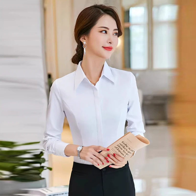 高棉白色衬衫女士长袖职业装衬衣翻领上衣商务正装面试工作服气质