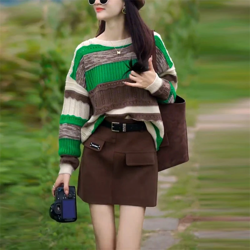 长袖春季流行时尚女装套装撞色2025高级感针织衫显瘦短裙子两件套