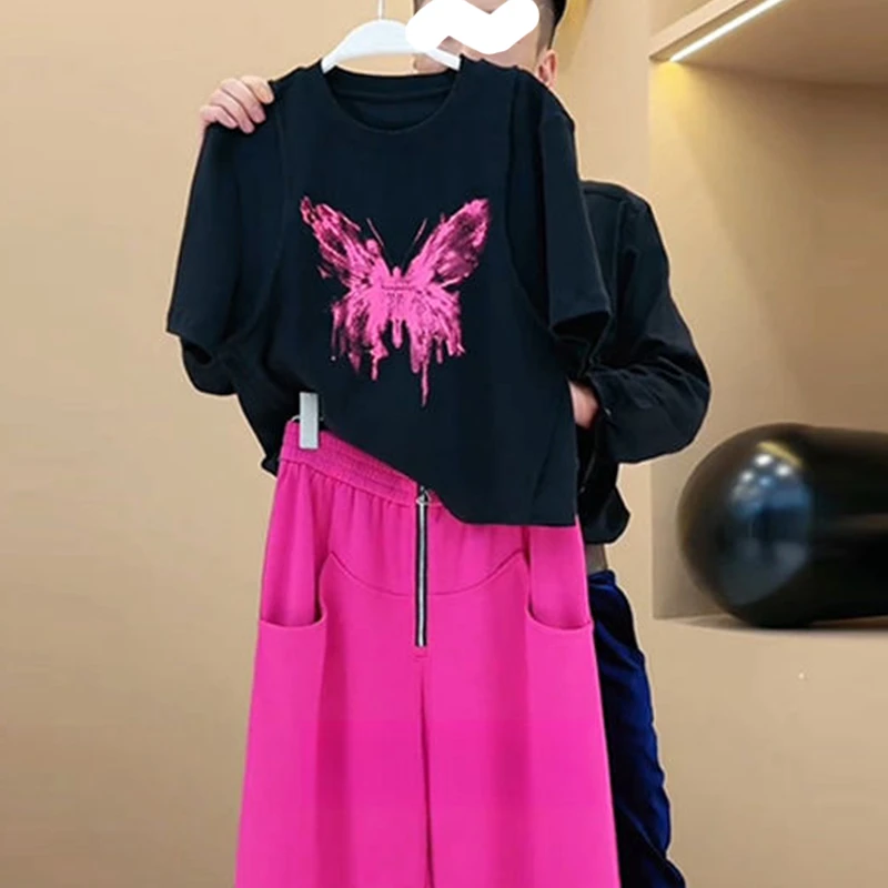 圆领蝴蝶印花设计感拼接短袖上衣女2025夏季新款显瘦百搭休闲t恤