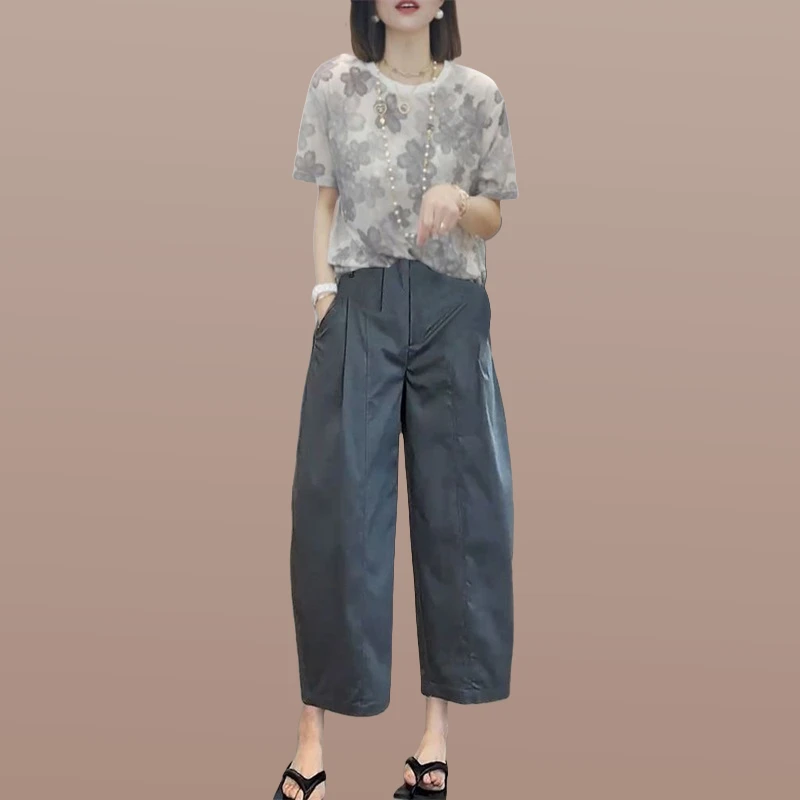 时尚韩版碎花短袖t恤女2025夏季新款灰色高级感通勤九分裤两件套