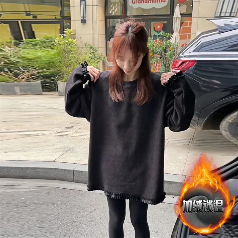 2024秋冬季加绒加厚保暖上衣女韩系宽松显瘦拼接设计感纯色卫衣潮