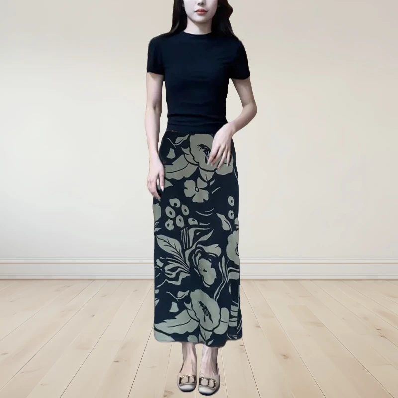 玫瑰印花后开叉显瘦半身裙女2025夏款后绑带镂空小众t恤法式套装