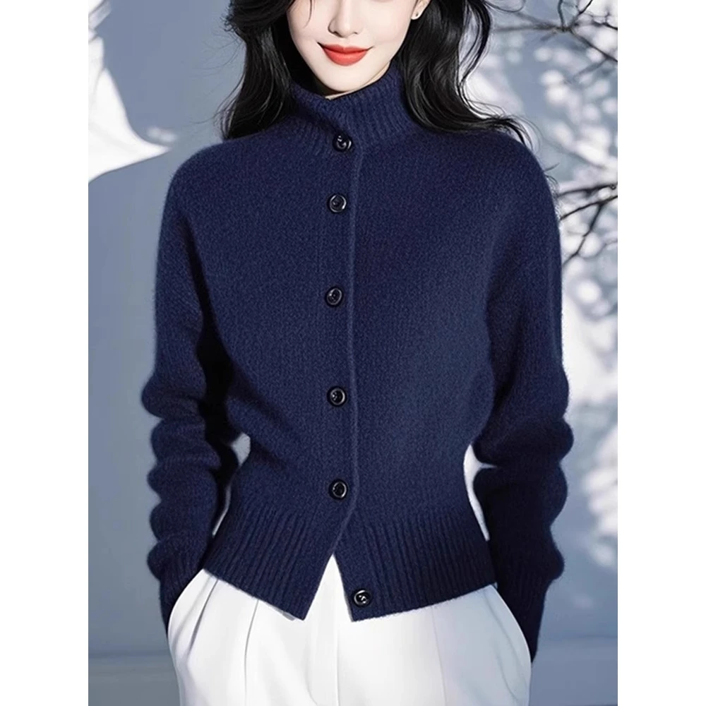 韩版复古风开衫2024秋冬新款立领两穿气质时尚简约针织显瘦开衫女