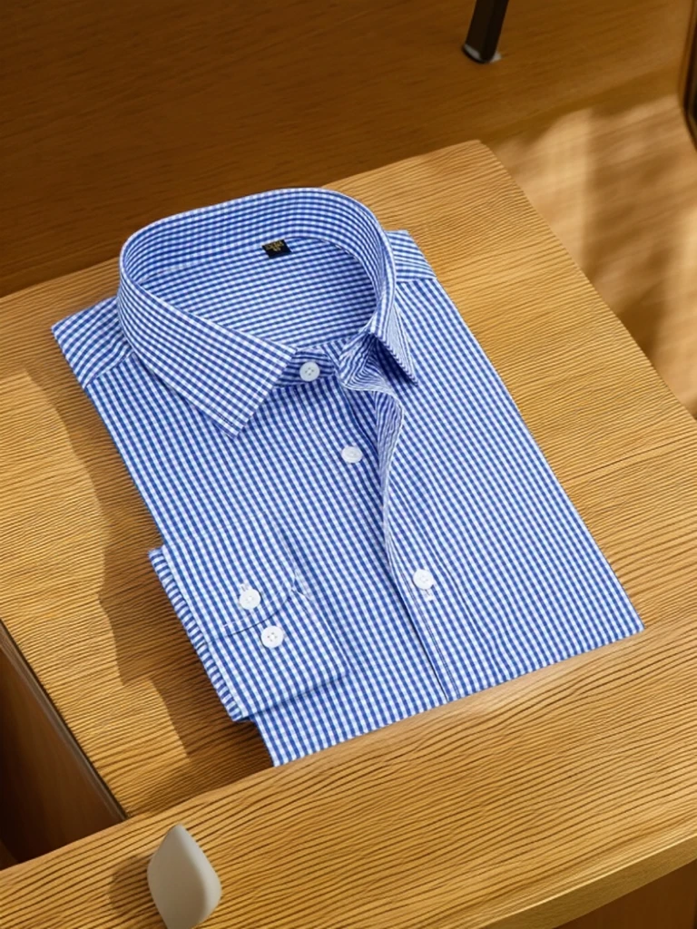 蓝色小方格商务休闲100%长绒棉男士成衣免烫衬衫