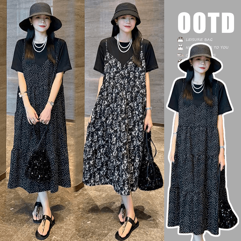 孕妇连衣裙2024年新款时尚黑色假两件满天星花色收腰法式T恤长裙