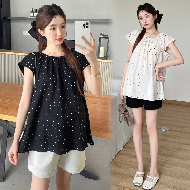 【波点小衫】孕妇装夏季波点小飞袖娃娃衫百搭显瘦遮肚圆领衬衫上衣