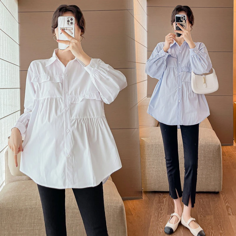 【秋款上新】孕妇装衬衫2024年新款韩版长袖上衣拼接木耳花边娃娃衫