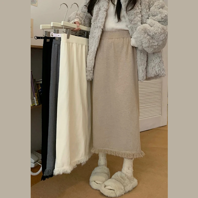 【秋季上新】无托腹孕妇针织流苏半身裙秋冬新款潮妈高腰显瘦毛线裙