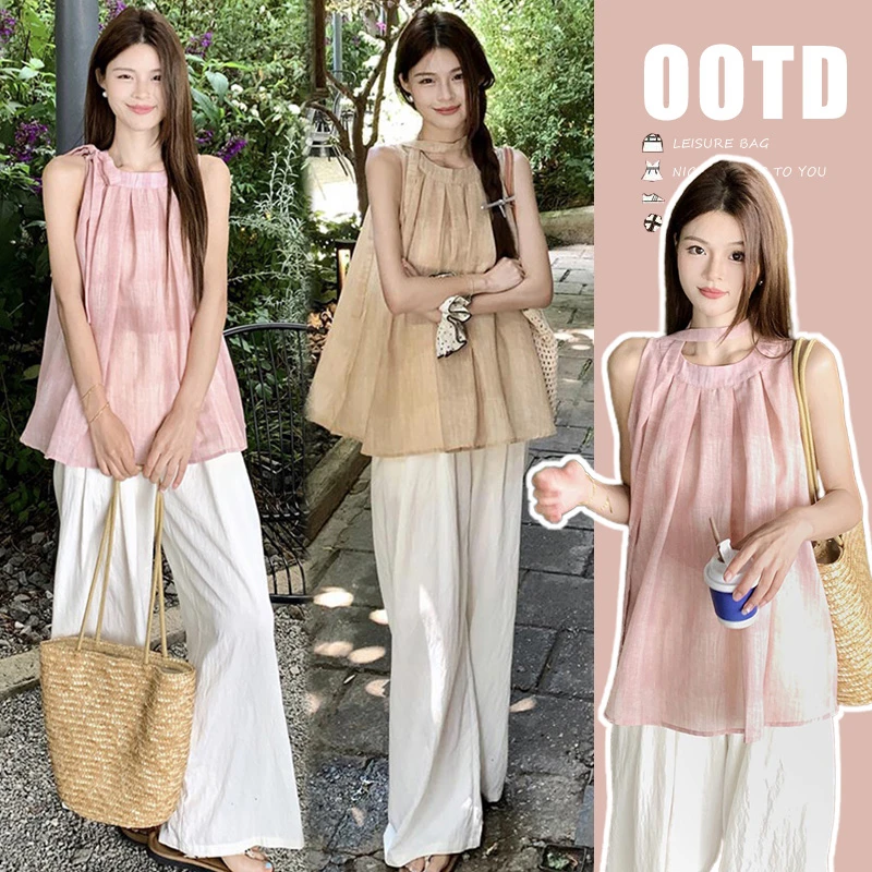 孕妇套装新款少女感绑带无袖挂脖上衣+韩系宽松遮肉阔腿裤两件套