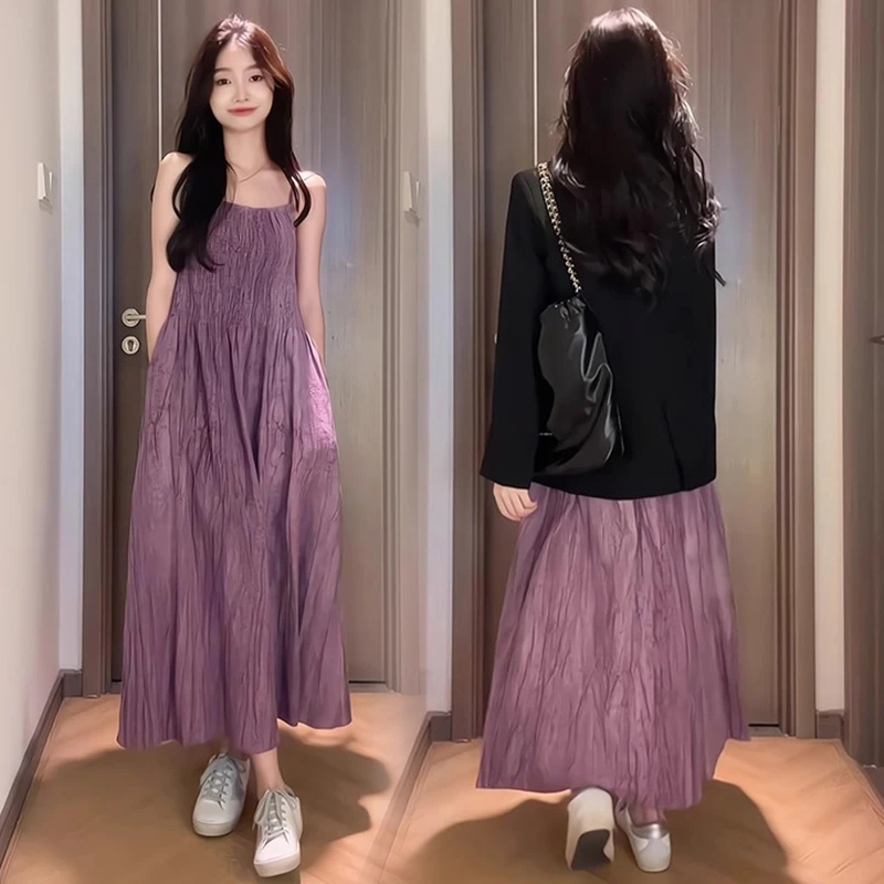 时尚洋气孕妇套装2024年春装新款吊带孕妇连衣裙+西装外套两件套