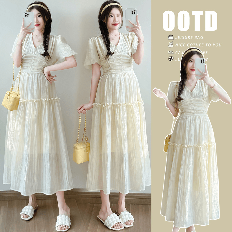 小仙女孕妇裙2024年夏季新款法式气质v领设计感泡泡袖长款连衣裙