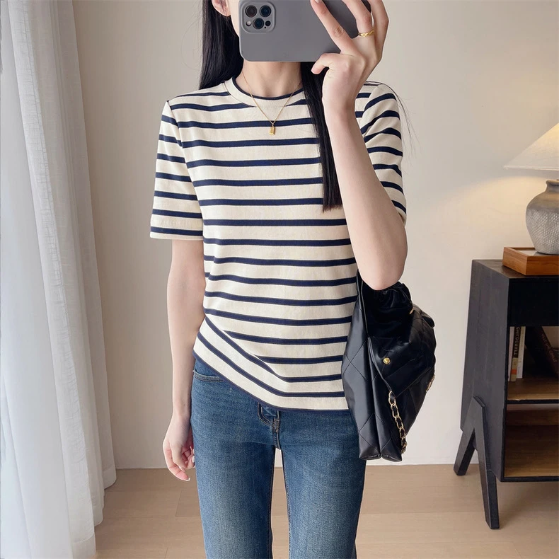 H.Chen-极简风厚实针织肌理感棉经典条纹弹力修身圆领短袖T恤