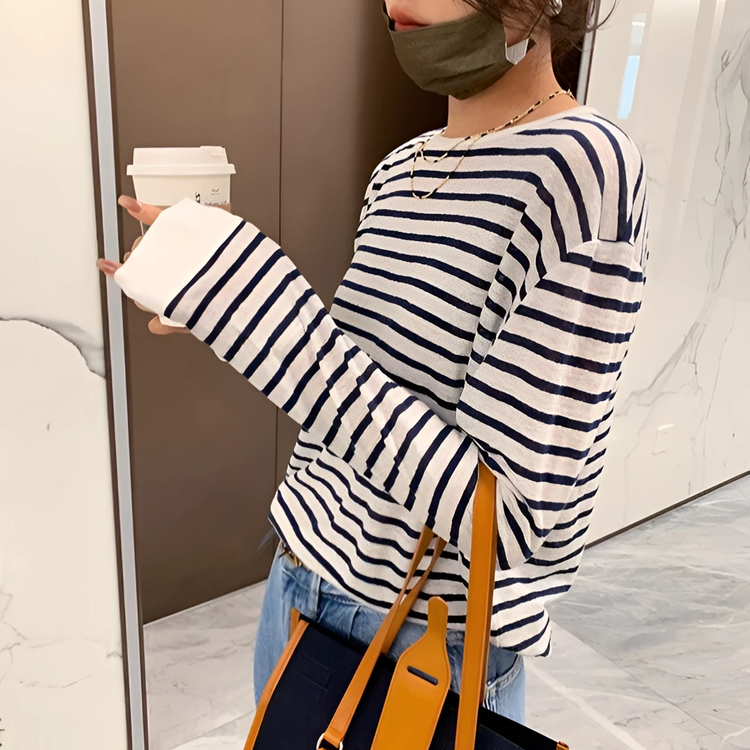 H.Chen-极简风自由条纹显瘦亚麻女士长袖休闲圆领套头打底